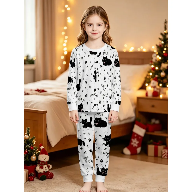 Girls Long Sleeve Pajama Set, Assorted Black Cat Dachshund Colorful Dog Gingerbread Bear Floral Cat Prints Perfect Birthday Gift