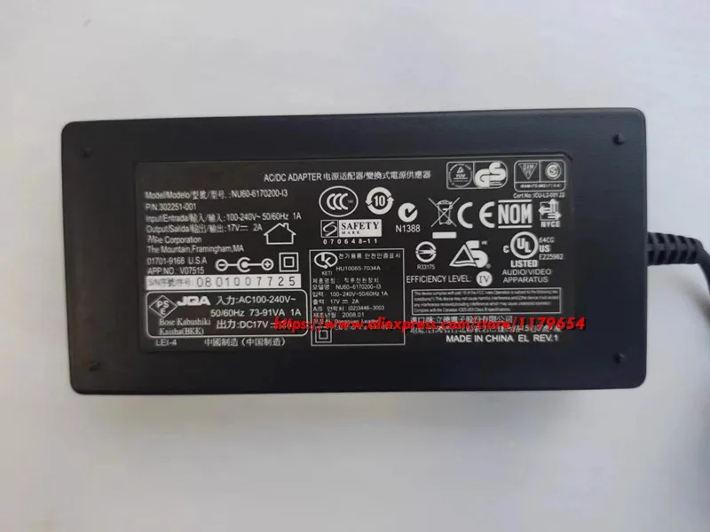 

Оригинальный адаптер переменного и постоянного тока NU60-6170200-I3 P/N 302251-001 17 В 2 А 34 Вт зарядное устройство для музыкального монитора Bose M2 M3 адаптер питания