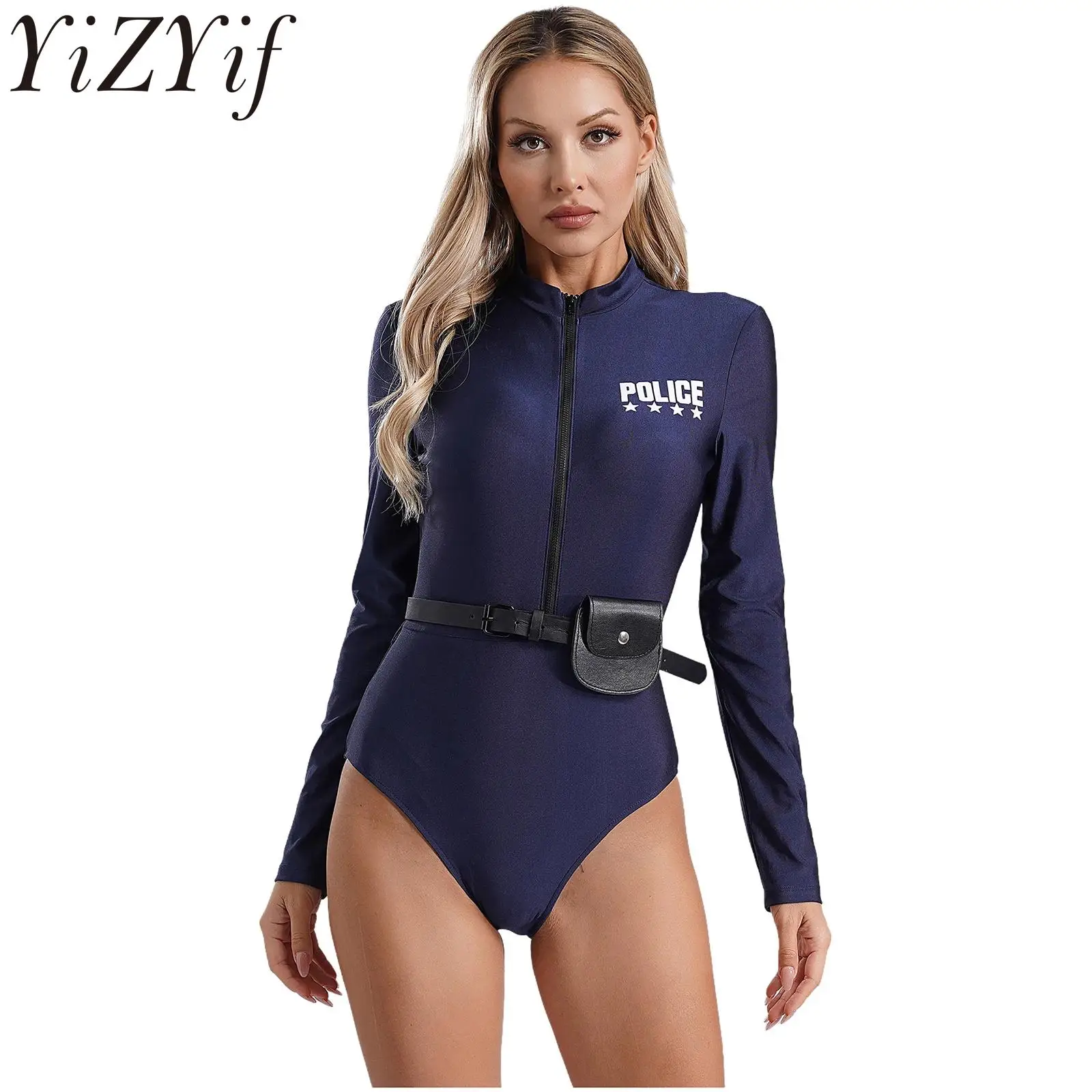 Womens Police Officer Costume Halloween Policewoman Cosplay Uniform Dirty Cop Long Sleeve Zip Up Bodysuit Jumpsuit with Belt