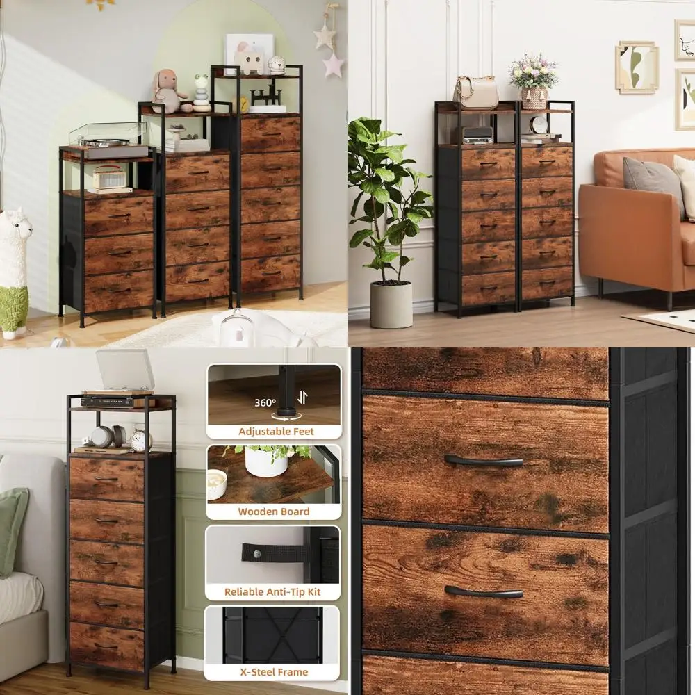 

Приподнятая деревянная тумбочка с 5 ящиками и тканевым органайзером для хранения в детской спальне