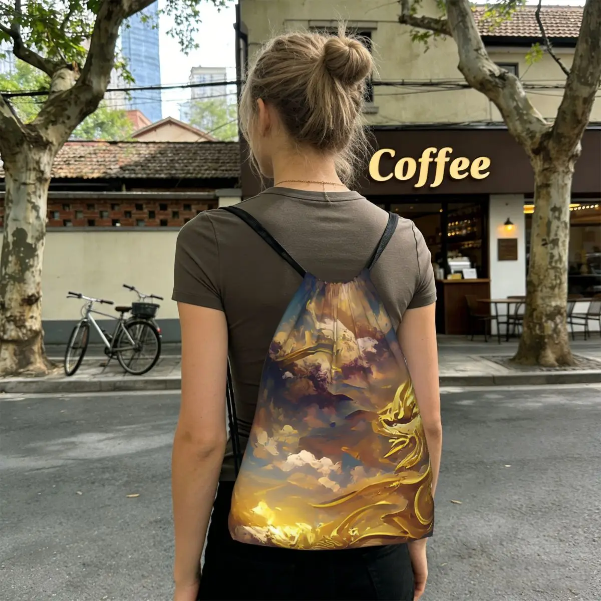 Golden Dragon Pattern Backpacks Fashion Drawstring Bundle Pocket Shoes Bag Book Bags for Man Woman School
