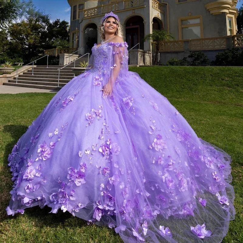 

Сиреневое кружевное платье Quinceanera с 3D цветочной аппликацией, бальное платье с открытыми плечами, бусинами, искусственное платье 15 лет