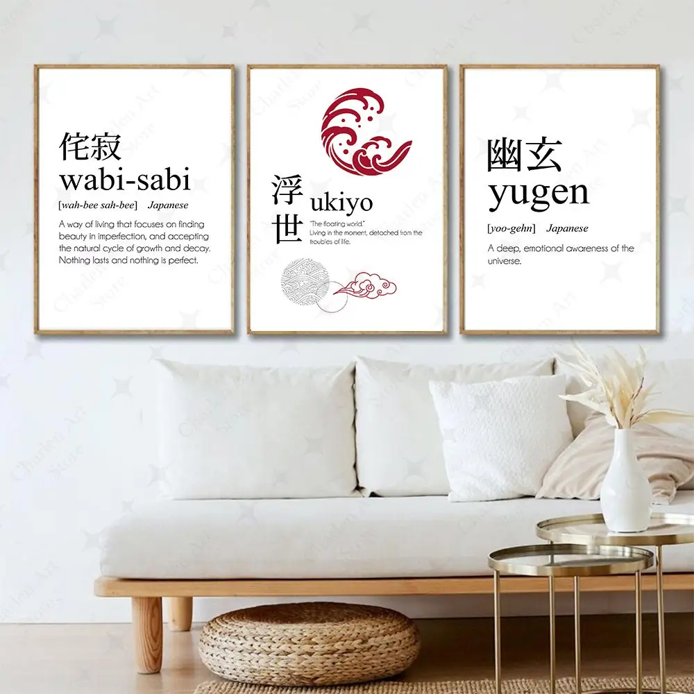 Japanese Calligraphy Wabi-Sabi Ikigai Yugen Word Definition Print Wall Art Canvas Painting Poster Picture Living Room Home Decor