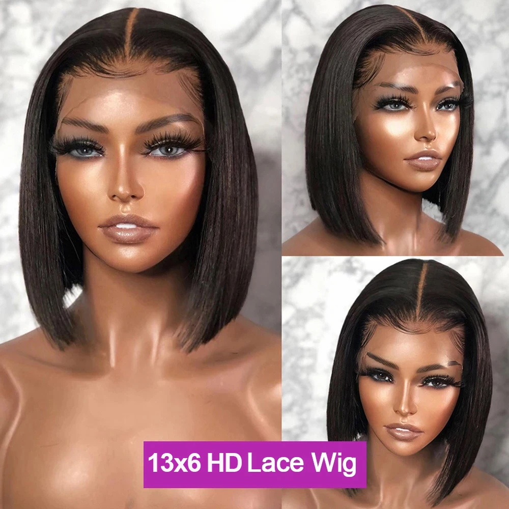 باروكات بدون صمغ جاهزة للارتداء 250% عظم برازيلي مستقيم قصير بوب باروكة من شعر طبيعي شفاف 13x6 HD شعر مستعار أمامي من الدانتيل للنساء