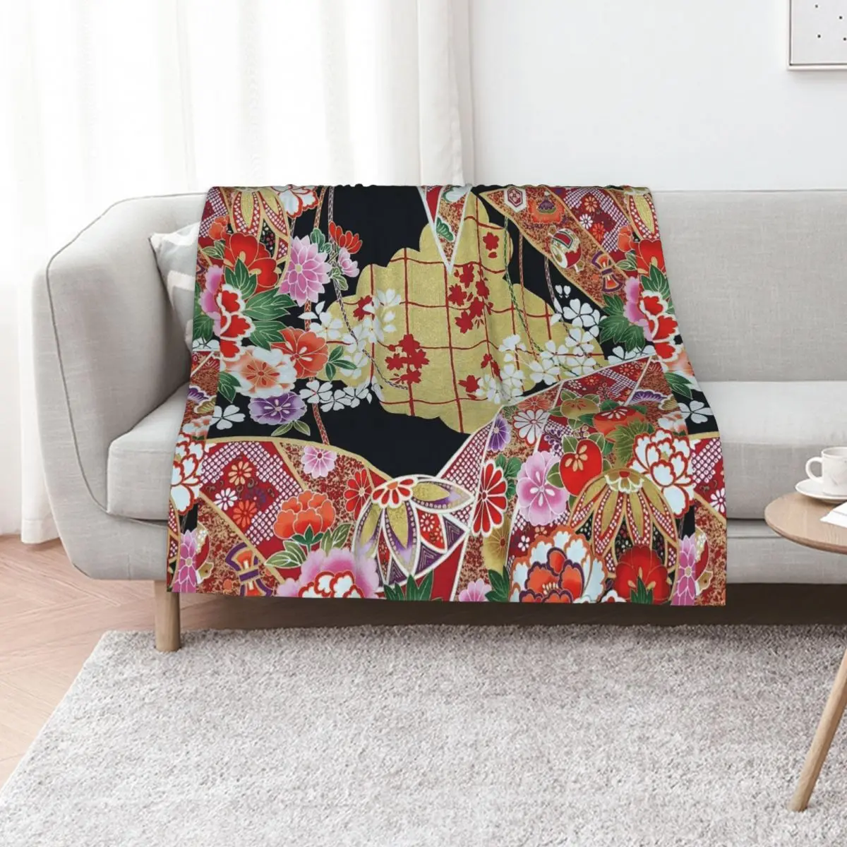ANTIQUE JAPANESE FLOWERS Red Pink White Jasmines, Peonies Kimono Style Floral Throw Blanket blankets and throws Camping Blankets