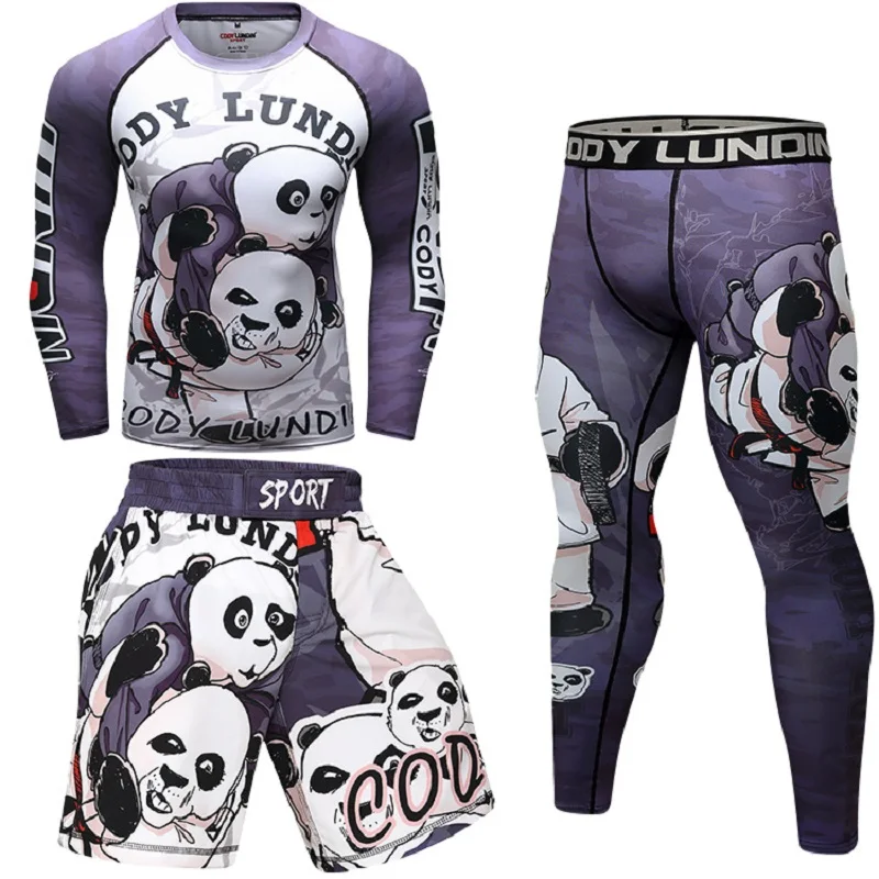 Custom 3 Pieces Tracksuit Panda Print Comprission MMA Rash Guard Clothes Digital Printing Jiu Jitsu BJJ Trainning T Shirts+Pants