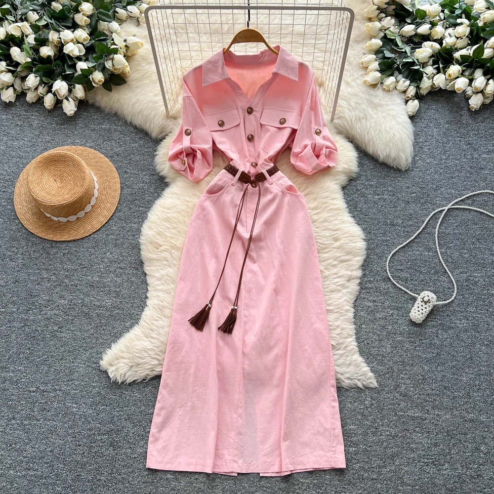 

Women Dresses Long Dress Solid Lace Up Button Pocket Turn Down Collar Short Sleeve Waist Cinching Office Lady Casual 2025 Autumn