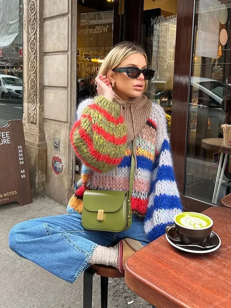 Fashion Contrasting O Neck Hollow Out Knitted Pullover Women Chic Long Sleeve Loose Sweater 2024 Autumn Lady Casual Streetwear