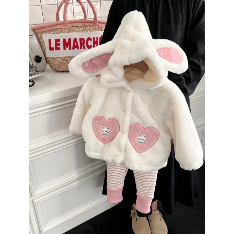 

LYY-Girls2024Autumn and Winter New Popular Lambswool Hooded Coat Baby Girl Fleece-lined Thick Leggings Suit