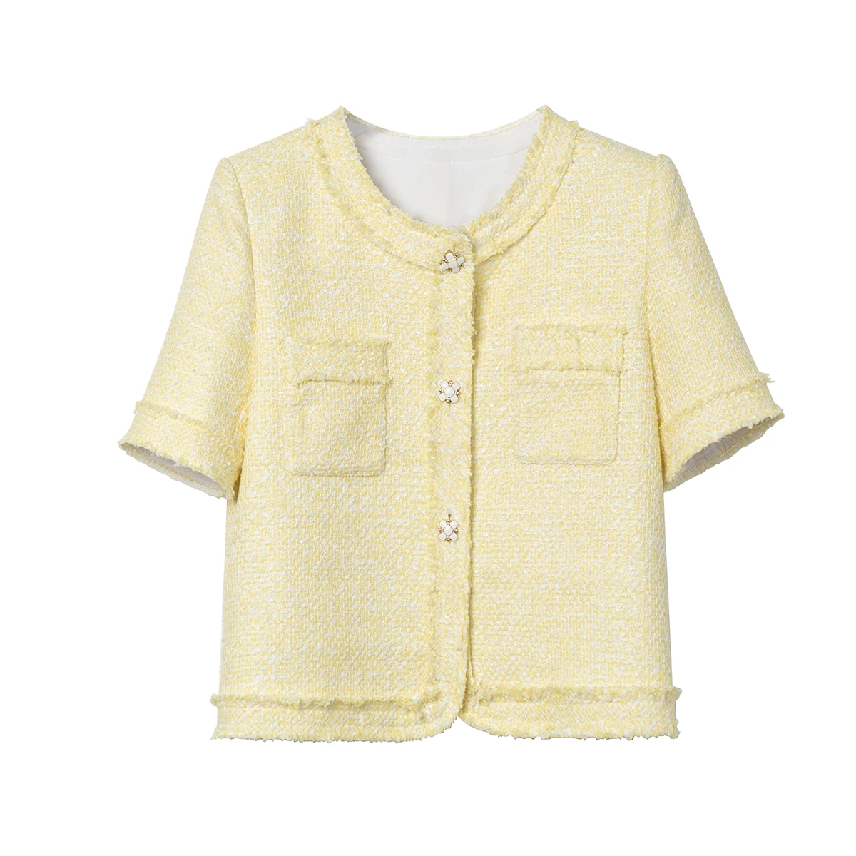 

New fashionable elegant temperament ladies round collar fringe embellishment Little Fragrance tweed thin short blouse