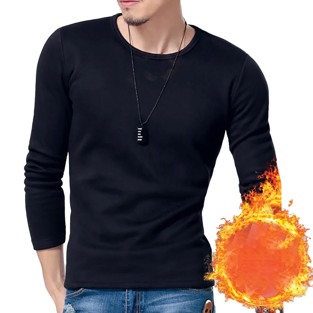 Mens Winter Thermal Fleece Lined O Neck Long Sleeve Undershirt Pullover Tops Male Thermal Cueca Casual Base Layer Shirts