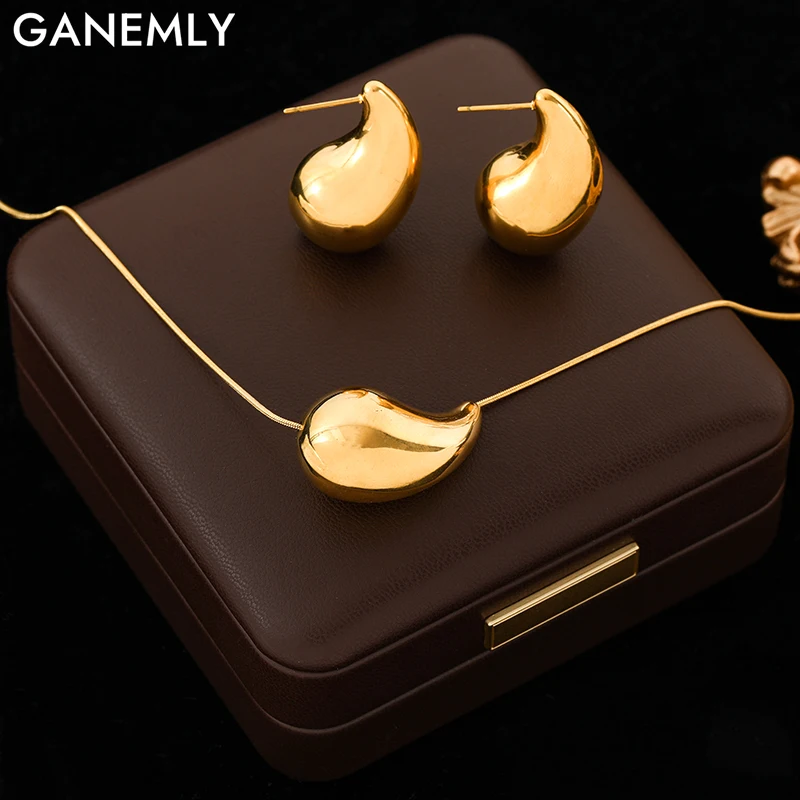 

GANEMLY 316L Stainless Steel Gold Color Teardrop Pendant Necklace Earrings For Women Girl New Trendy Gift Waterproof Jewelry Set