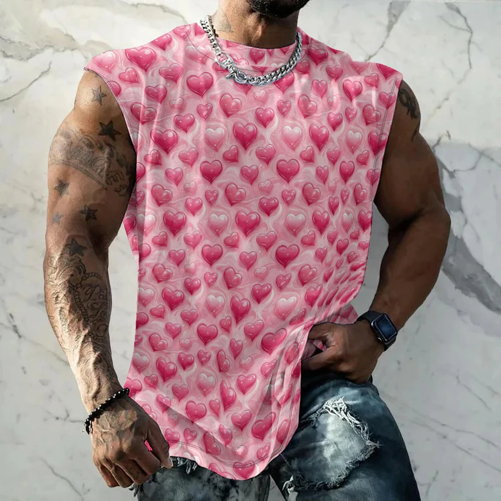 Romantic Gradient Hearts Men Tank Top Gym To Street Sleeveless Bodybuilding Breathable Training Vest Muscle Fitness Clothing