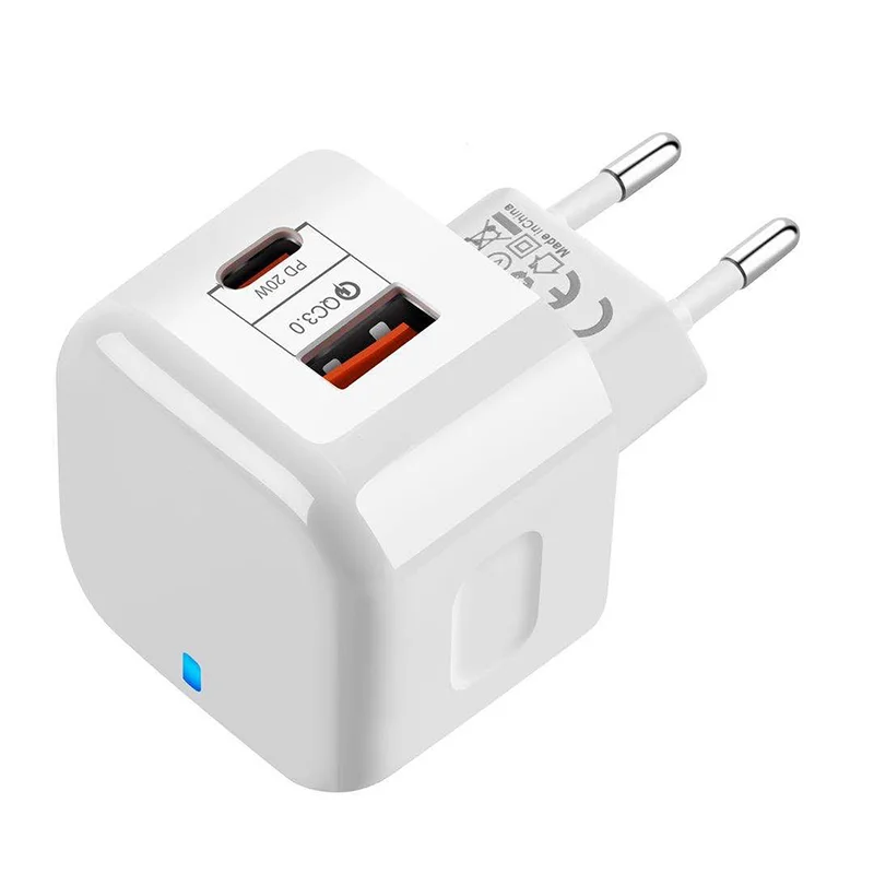 حار بيع المملكة المتحدة الولايات المتحدة الاتحاد الأوروبي PD شاحن عالمي 20 واط USB C الجدار محول المزدوج ميناء شاحن الهاتف المحمول نوع-C QC3.0 OTP حماية
