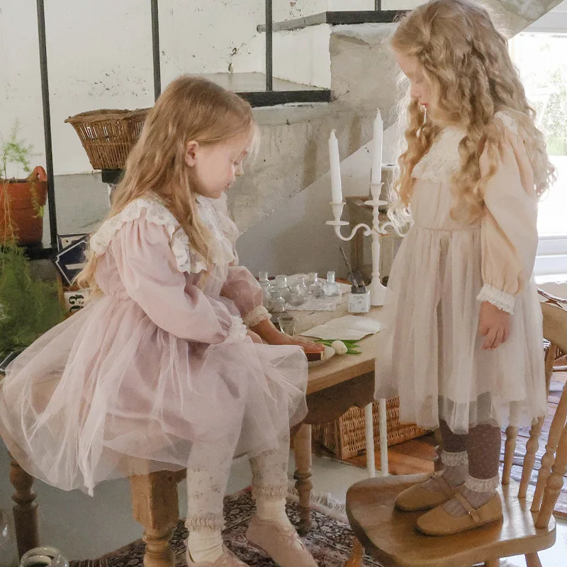 2025 New Korean Children and Girls Foreign Lace Fluffy Mesh Long-sleeved Princess Dress