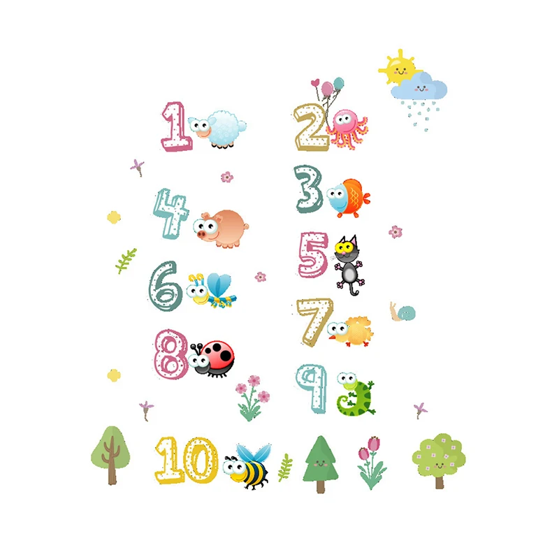 Cute Animals With Arabic Numbers Wall Stickers For Kindergarten Classroom Kids Room Home Decoration Nursery Mural Art Wall Decal