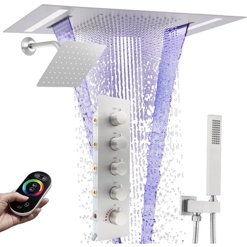 

HOMEDEC двойная насадка для тропического душа, термостатическая душевая система современного дизайна, потолочное/настенное крепление, 14x20 дюймов, светодиодный, 4 функции, 6 дюймов