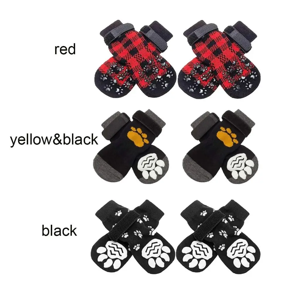 4pcs/set Breathable Anti-Slip Dog Socks Adjustable Cotton Pet Paw Protection Soft Warm Pet Socks Foot Cover Indoor