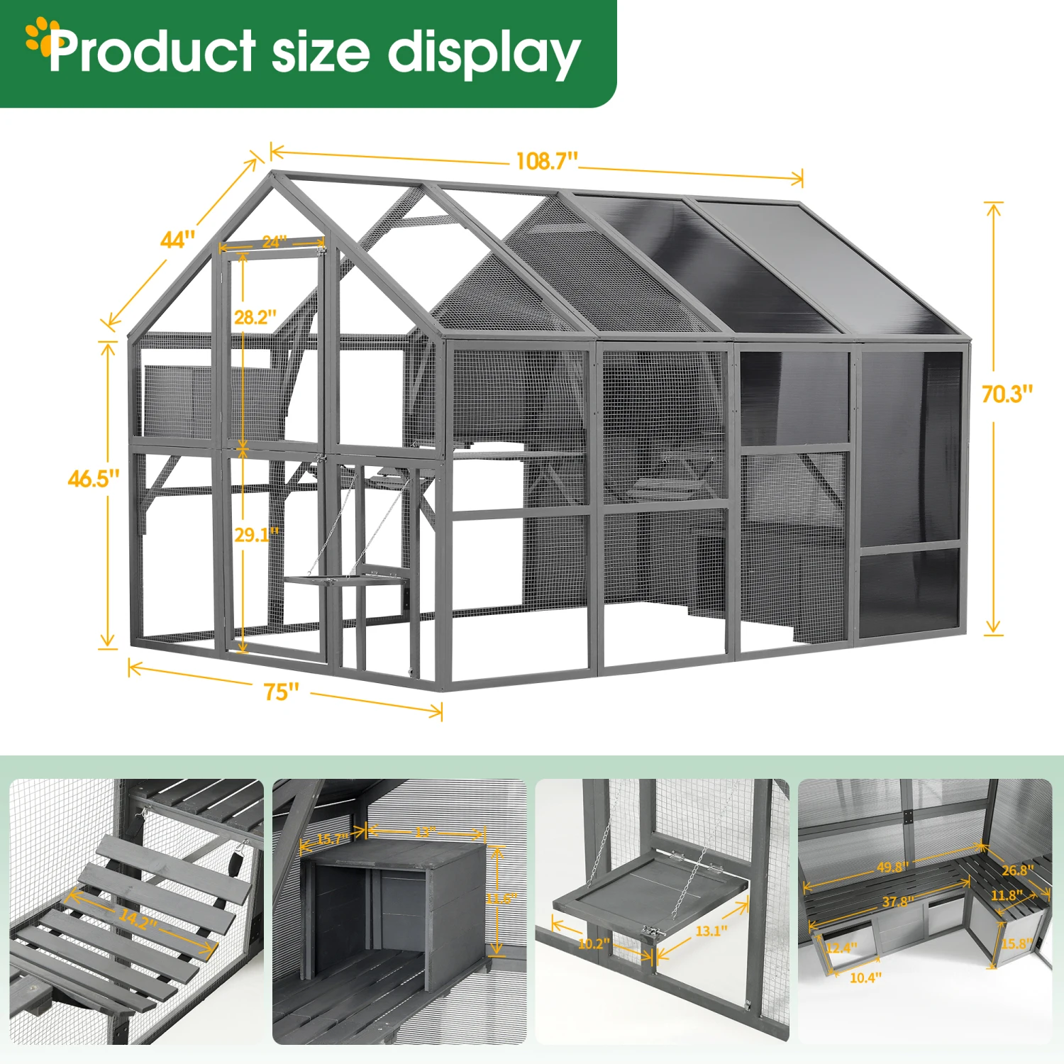 Luxury Cat Cage Outdoor Wooden Catio Enclosure Patio Large Cat Run House for Multiple Pets Walk in Kitten Kennel with Bouncy Bri