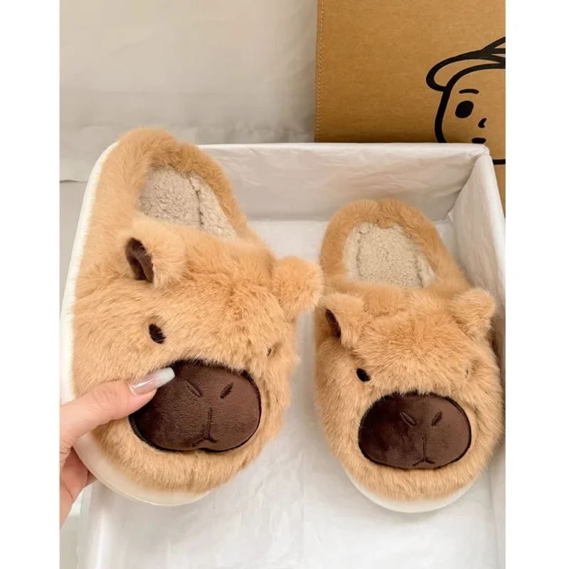 

Capybara Slippers Women Winter One Word Cotton Cartoon Anime Cute Student Bedroom Suede Warm Fury Slippers Non Slip Flat Shoes