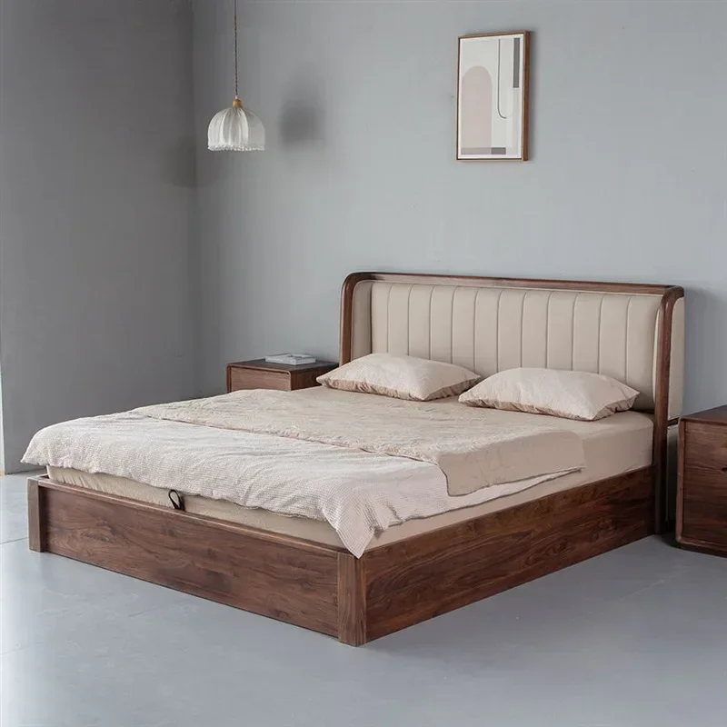 Nordic all solid wood high box soft bag black walnut storage air pressure bed light luxury minimalist floor bed bedroom furnit