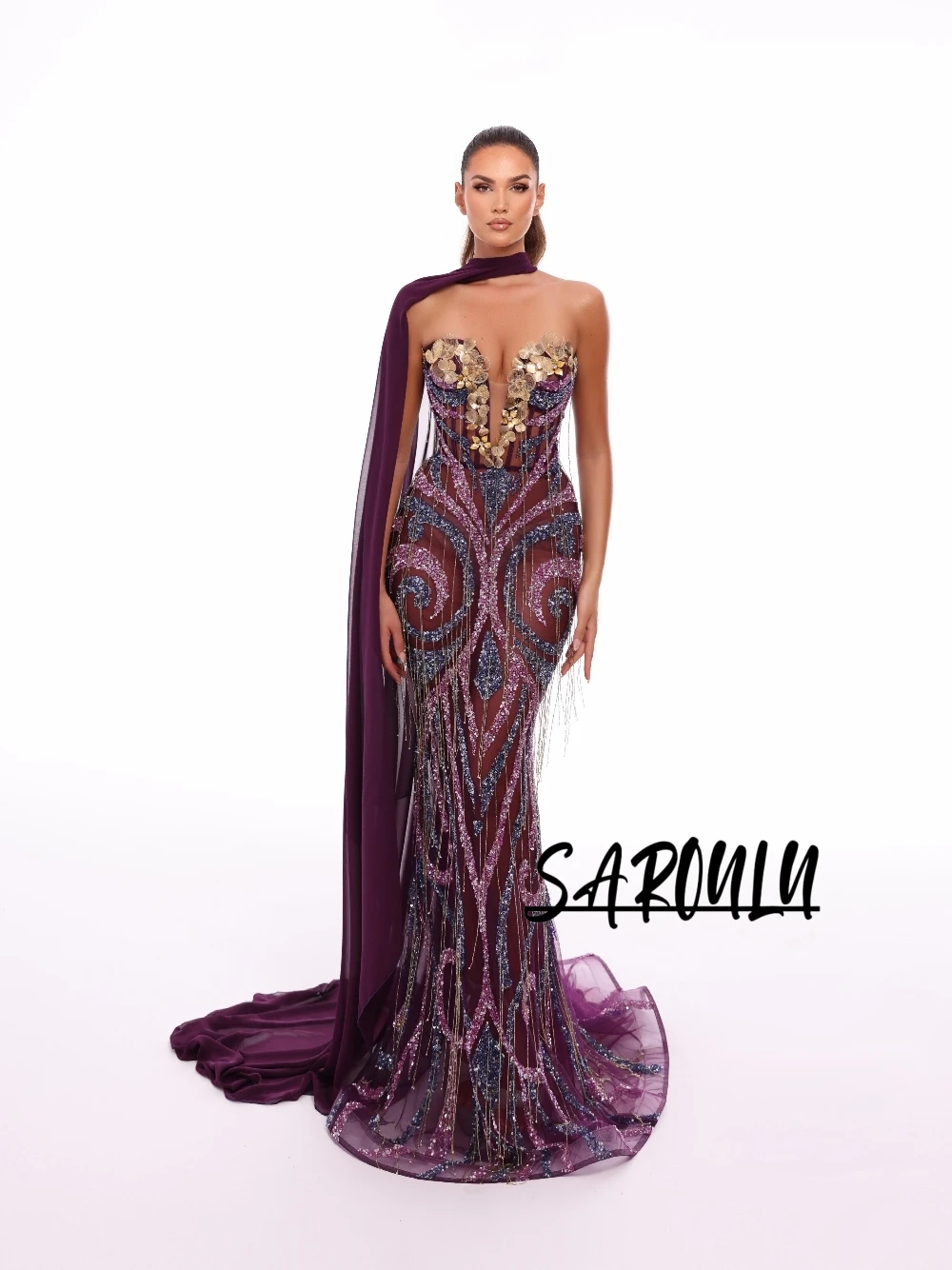 Purple See Through Evening Dress With Chiffon Cape Sparkling Beaded Tassel Mermaid Prom Gown Customized Chic 3D Floral Wear