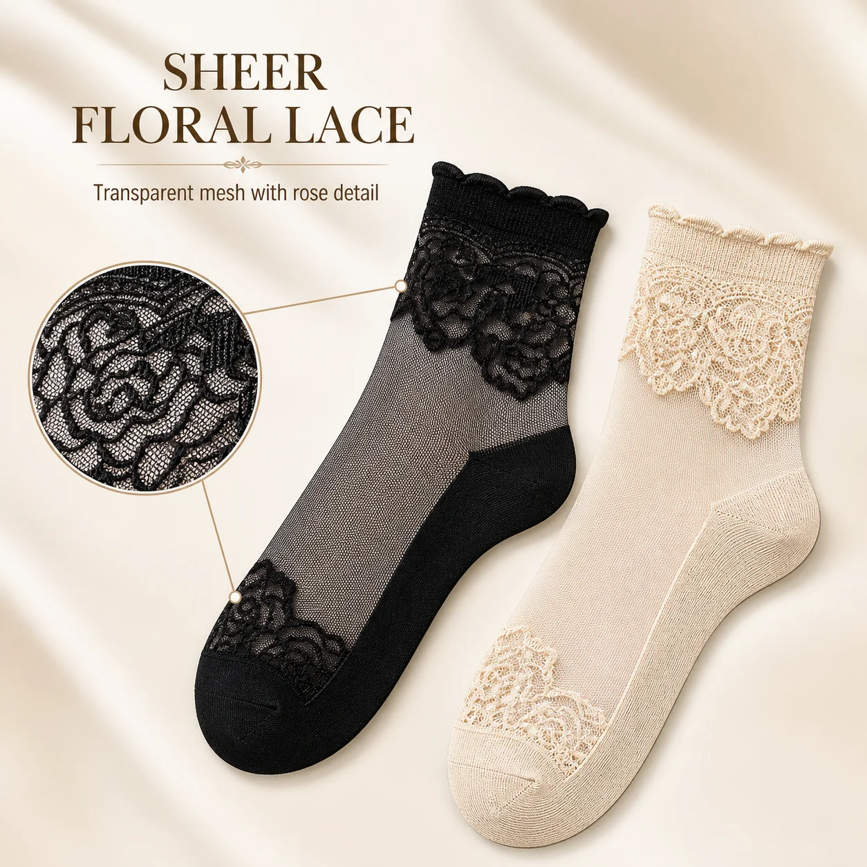 3 Pairs Women's Sheer Lace Ankle Socks Thin Transparent Floral Mesh Low Tube Summer Dress Socks Black Apricot Mixed Color