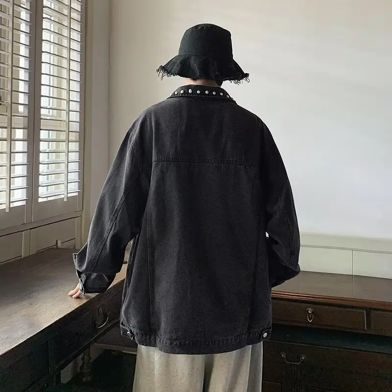 

Повседневная свободная мужская джинсовая куртка Bla, модная весенне-осенняя одежда с заклепками, отложной воротник, верхняя одежда Sli