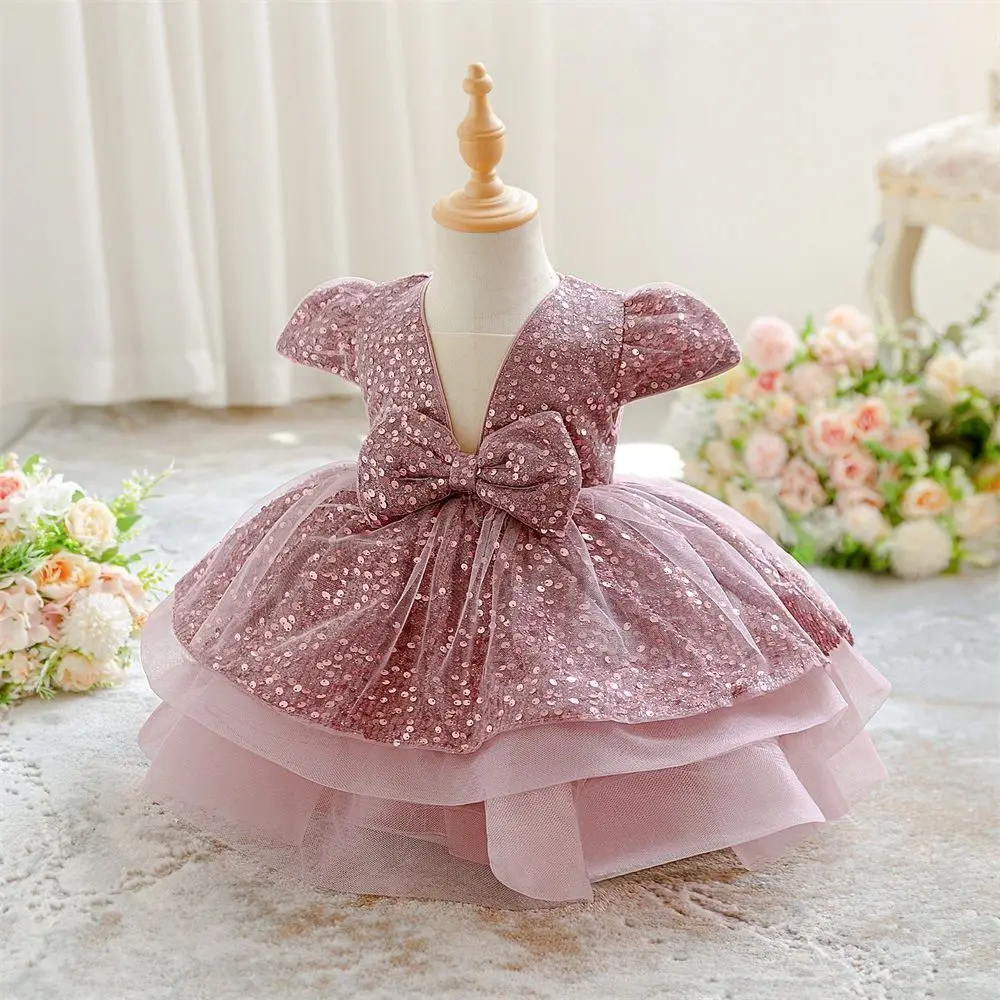 

Toddler Baby Girls Birthday Party Dresses Cute Bow Kids Princess Lace Tulle Short Dress Flower Girls Dresses for Wedding 0-4 Y