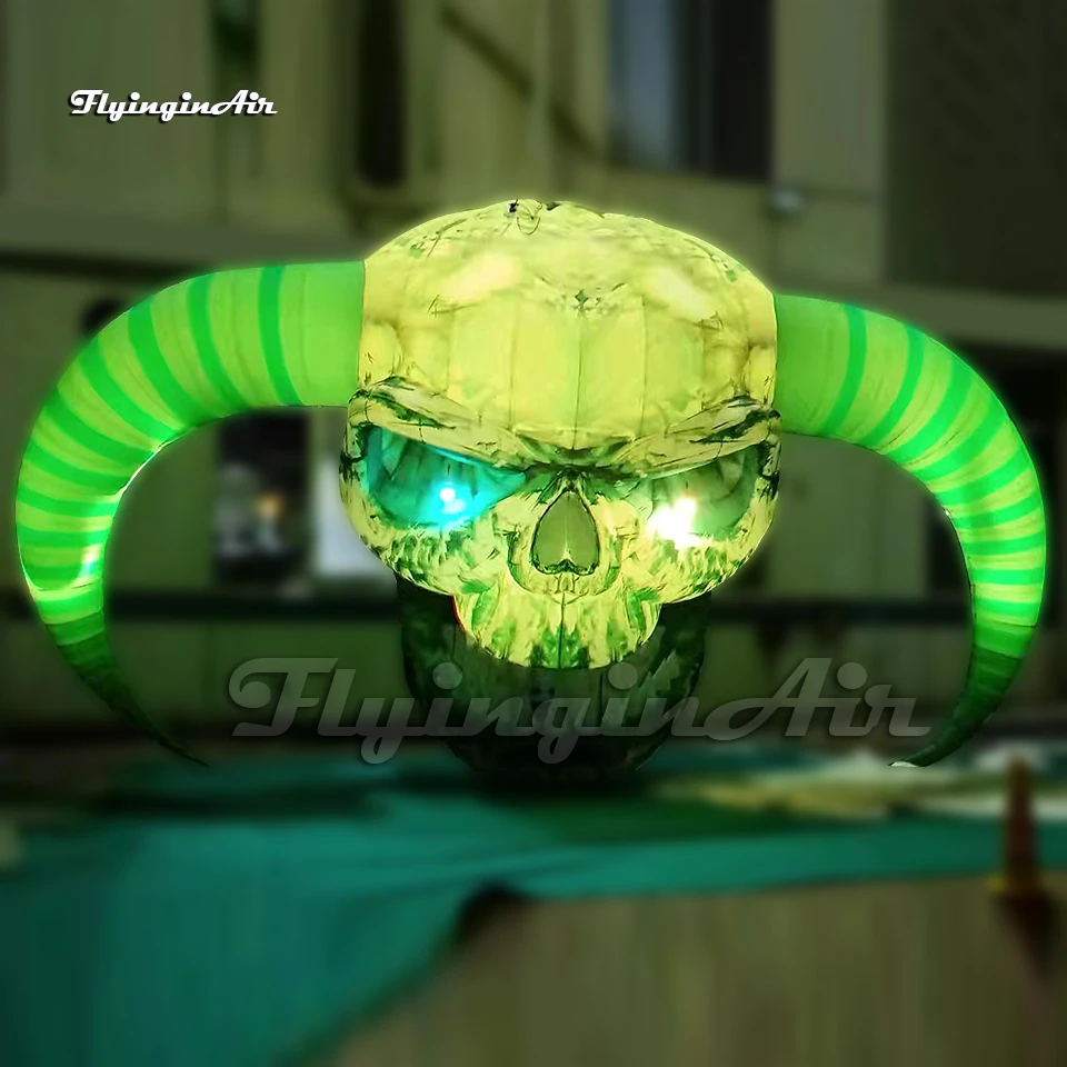 Spooky Hanging Giant Inflatable Skull Concert Stage Background 7m Evil Green Air Blow Up Demon Head For Carnival Decoration