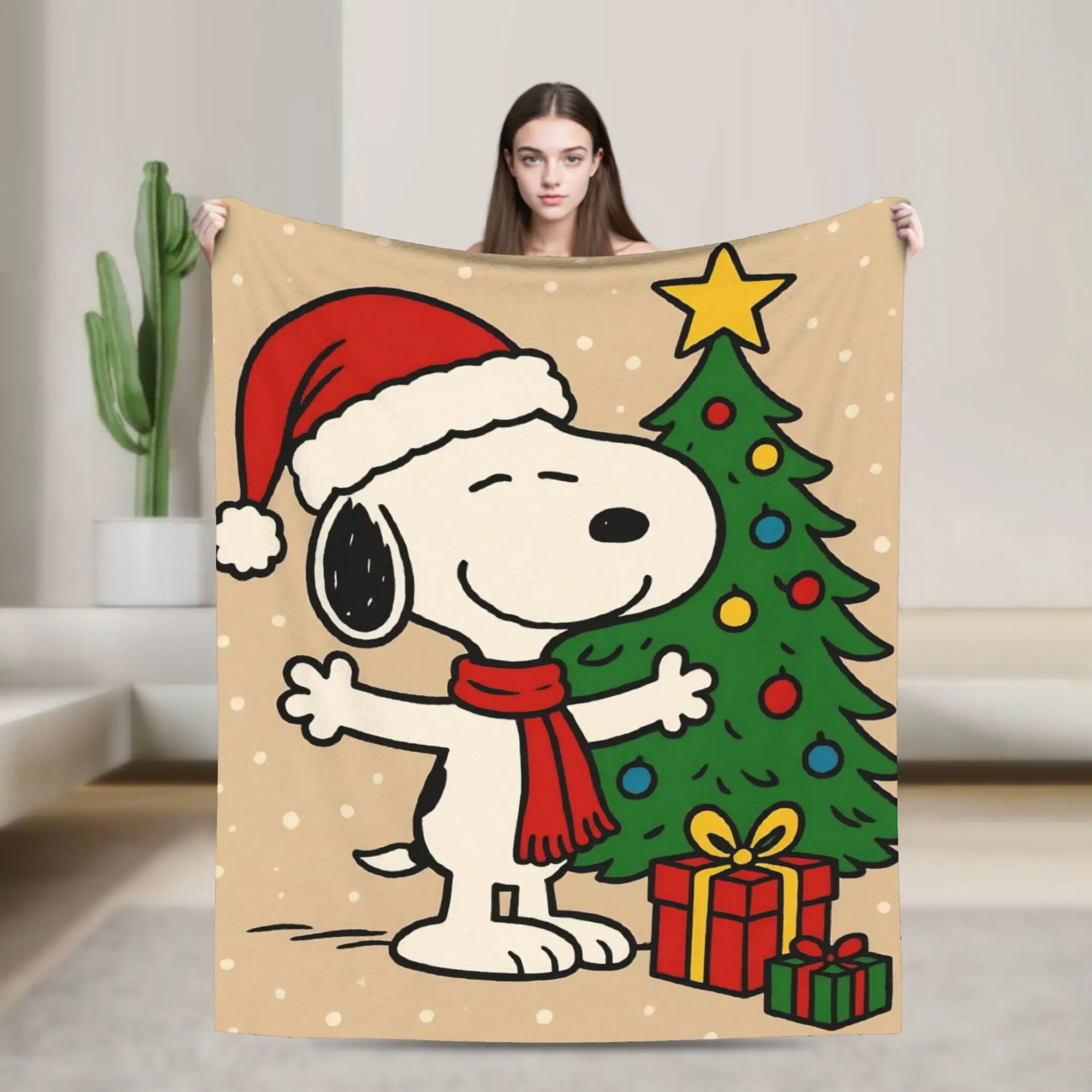 S-Snoopys Xmas Christmas Tree Knitted Blanket Flannel  Super Warm Throw Blanket for Outdoor Travel Bedspread