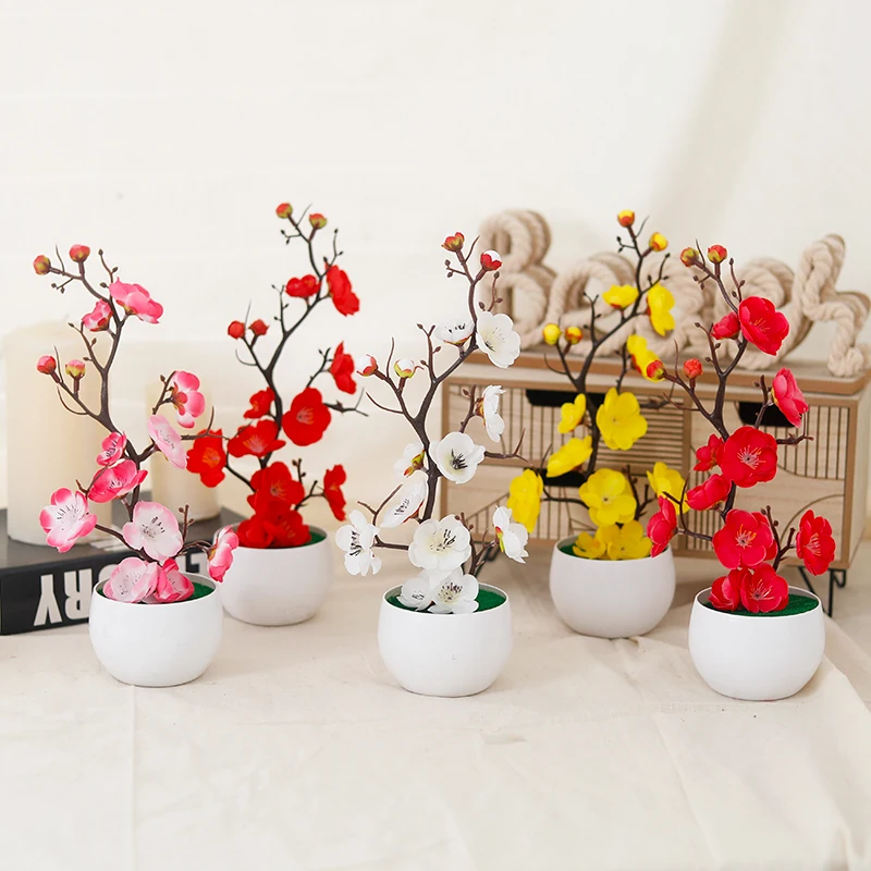 Artificial Plant Bonsai Small Tree Simulation Plum Blossom Potted Fake Flower Table Ornaments Home Hotel Garden Party Decoration