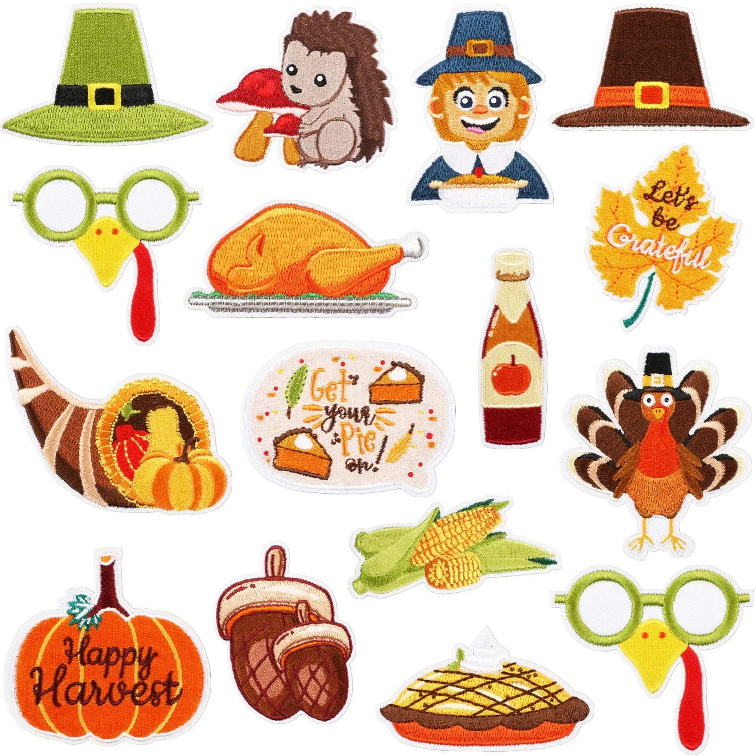 Thanksgiving Day Themed Embroidered Appliques Grateful Badge Autumn Harvest Grain Corn Turkey Patch Iron on Decals for Clothing