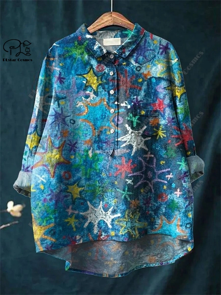 PLSTAR COSMOS new 3D printed retro and cute floral animal printing ladies entertaining leisure and loose open -tube shirt D-2