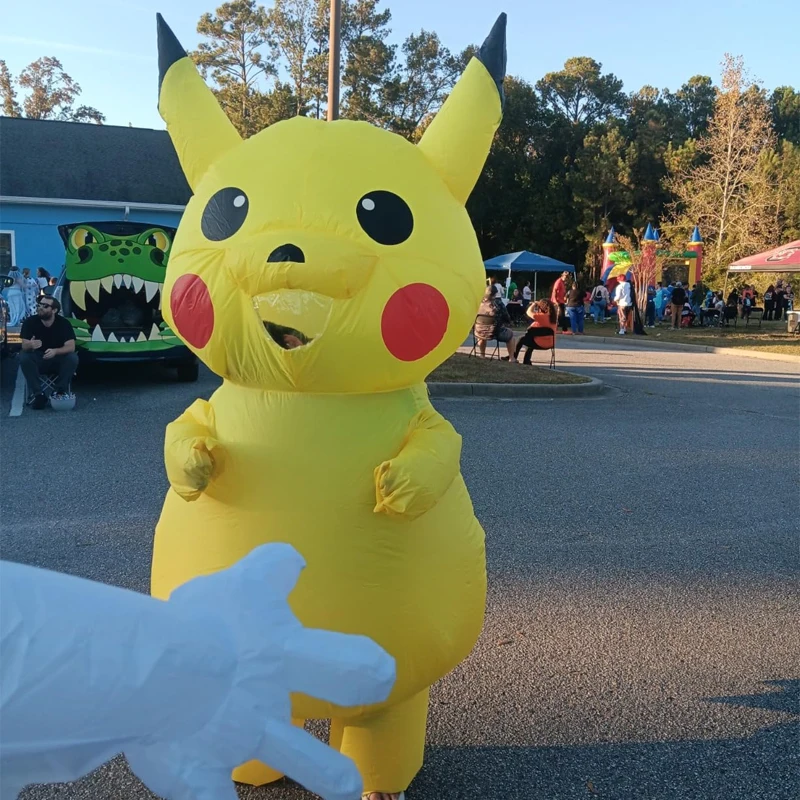 Inflatable Pikachu Costume Yellow Cartoon Character Outfit with Built-in Fan Funny Blow-up Suit for Halloween Cosplay Party