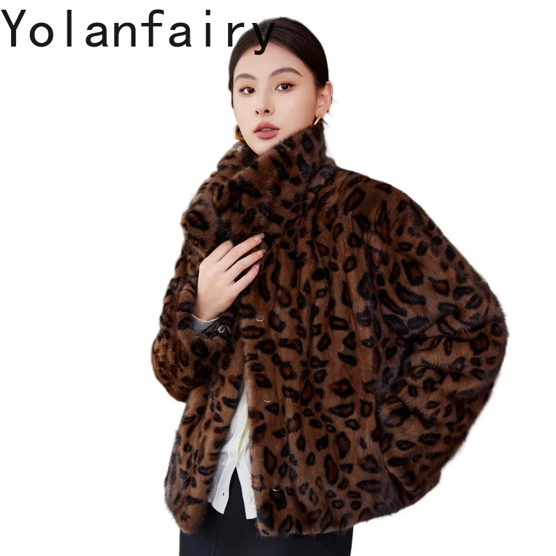 YOLANFAIRY Top Quality Mink Real Fur Coat Woman Winter Short Fashion Leopard Fur Jacket Lapel Warm Fur Coats and Jackets Abrigos