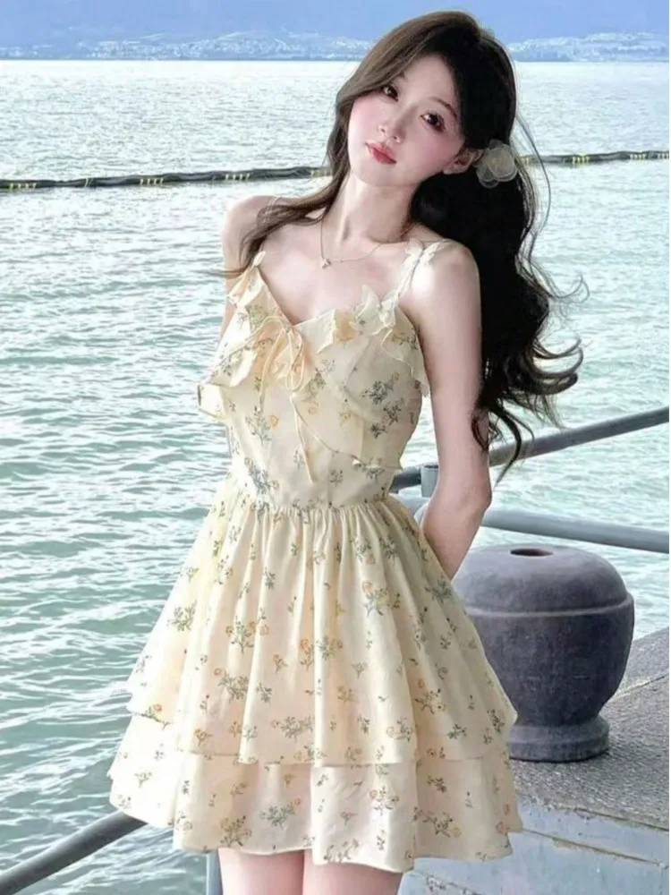 

Women Casual Floral Print Party Short Dress Fashion V-Neck Mini Spaghetti Strap Dresses Summer Holiday Beach Festival Clothes