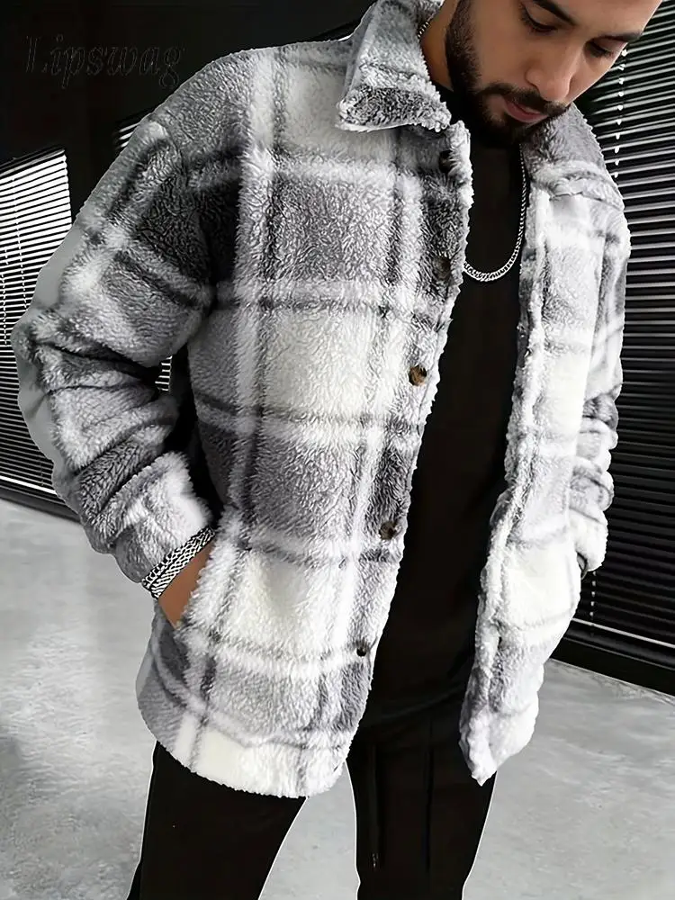 

Trendy Mens Plaid Fleece Jackets Vintage Buttoned Lapel Furry Cozy Flannel Jacket Coat For Men Fall Winter New Casual Outerwear