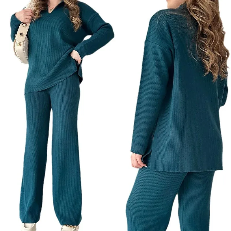 Nuovo Set da due pezzi in maglia autunnale da donna tinta unita moda bavero allentato Casual con scollo a v lavorato a maglia Top + pantaloni a