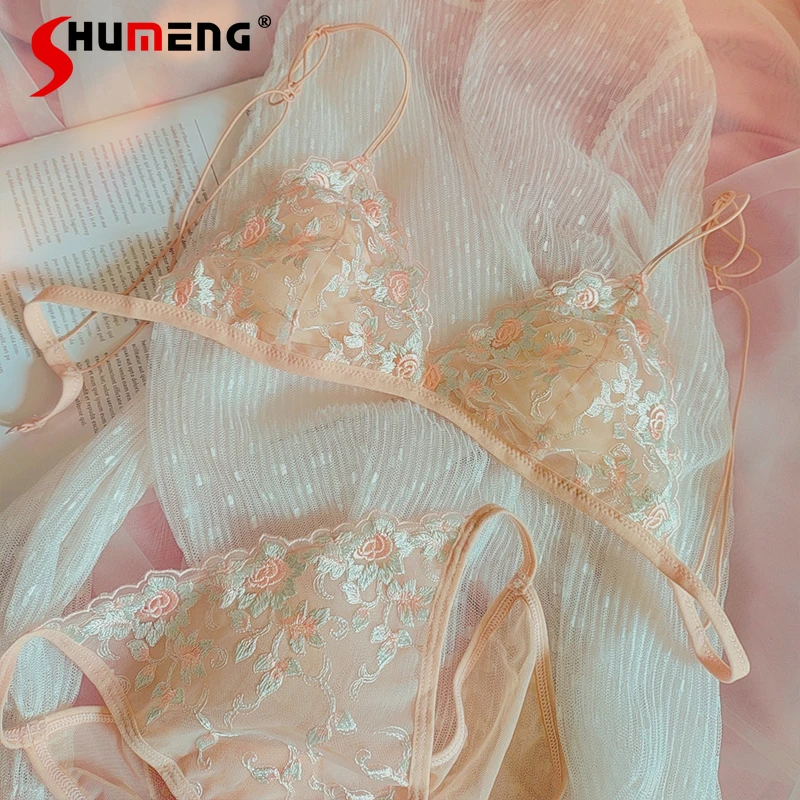 자수 레이스 언더와이어 속옷 여성 프렌치 섹시 순수 욕망 울트라 씬 브라 세트 아름다운 백 스트랩 브리프 세트 소녀용