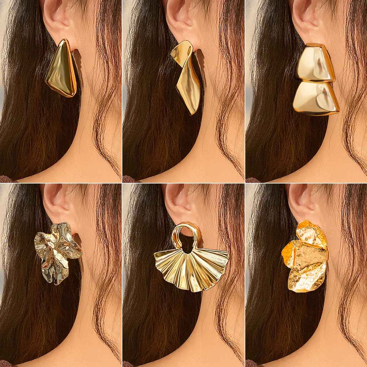 Crinkled Metal Smooth Folded Stud Earrings Geometric Vintage Versatile Simple Retro Fashion Jewelry for Women
