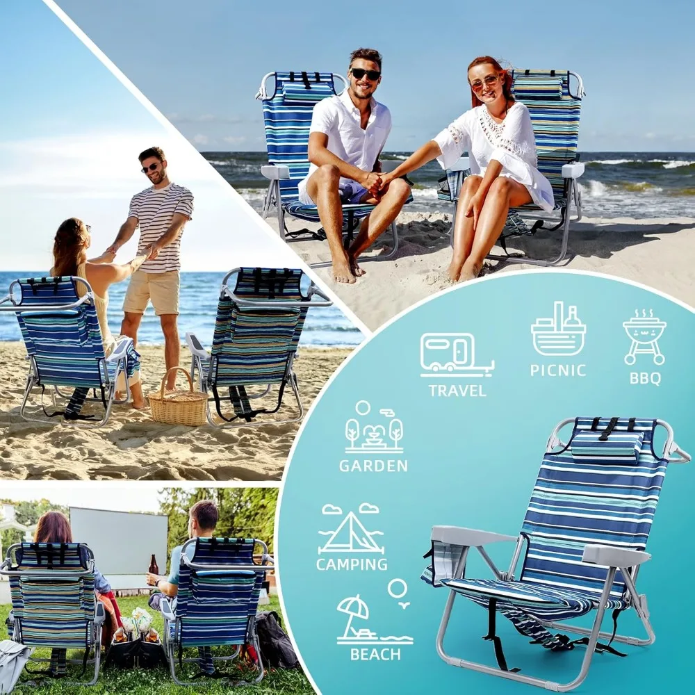 Beach Chairs for Adults Heavy Duty, Compact Portable Lay Flat Folding Beach Chair with Backpack Straps and Large Cooler Pouch