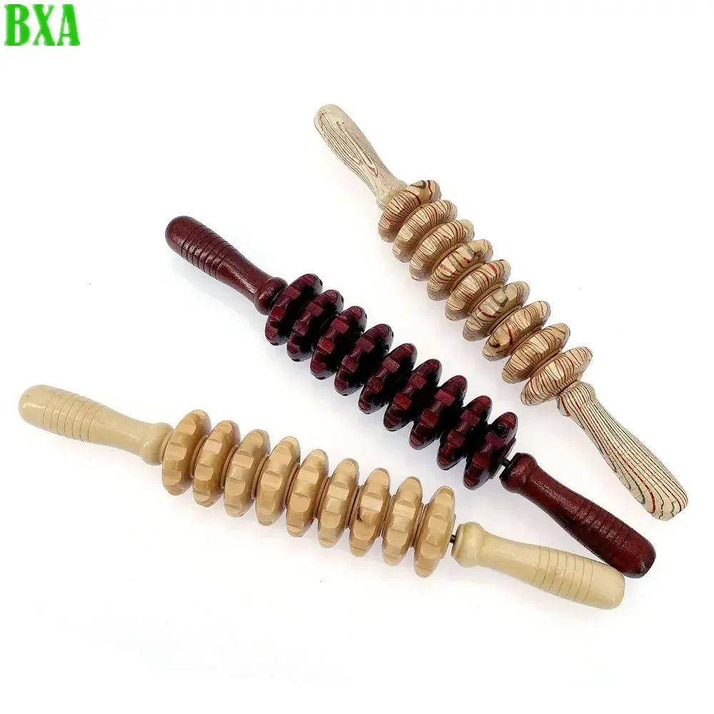 BXA 1pc Wooden Sports Massage Roller Nine Fine Wheel Axle Full Body Massage Mashed Back Massage Neck Leg Massager