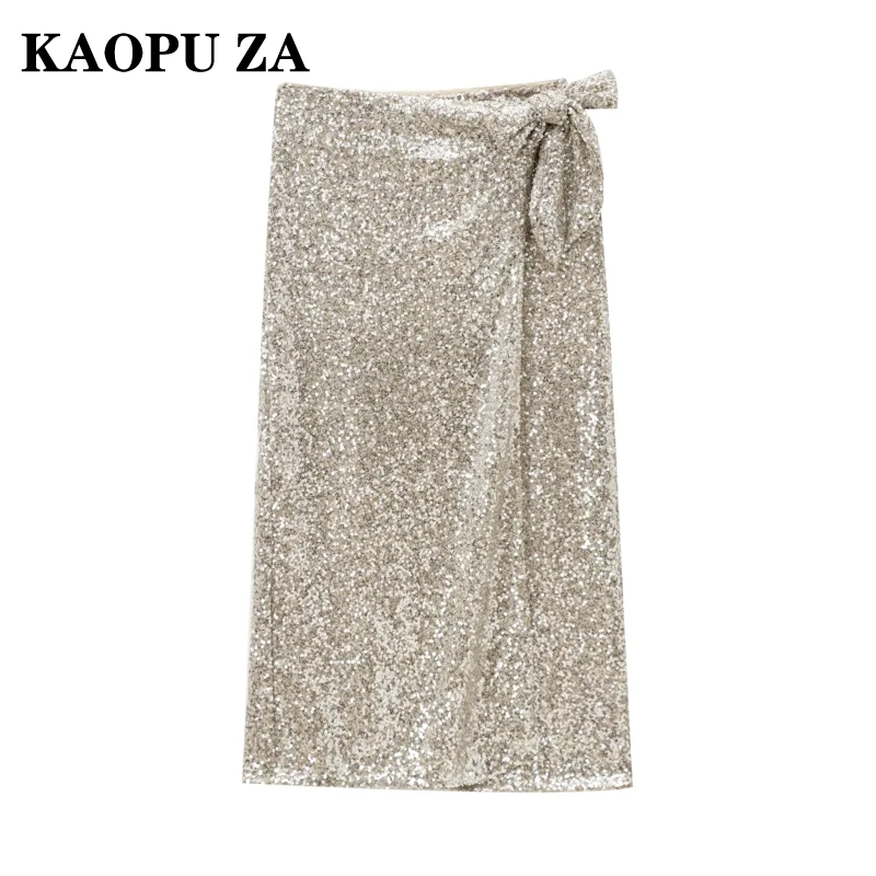 KAOPU ZA 2024 New Summer Woman Casual Sequins Solid Color Midi Skirt Female Party Bow Ruffles Regular Fit High Waist A-lineskirt