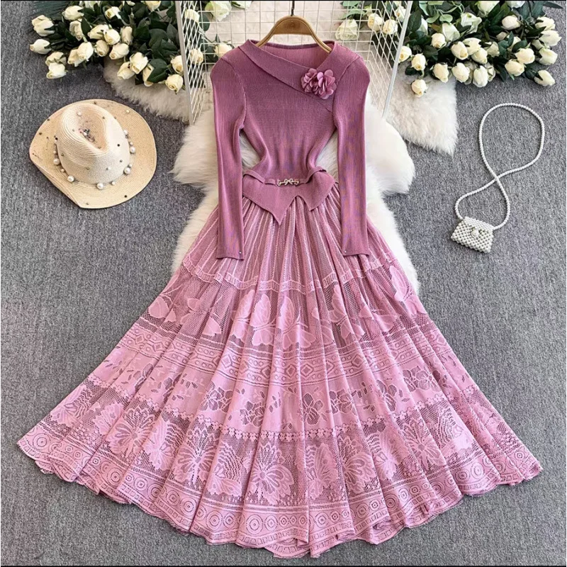 Miyake vestido plissado 2026 europa novo design de renda floral tamanho grande estiramento francês manga longa escritório commuter dersses roupas