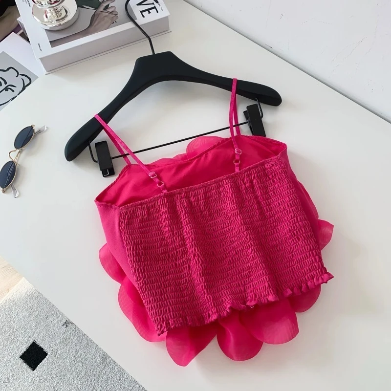 3D Floral Vacation Camis Female Strap Appliques Elastic Hotsweet Mini Top French Ruched Solid Beach Sexy Tank Top