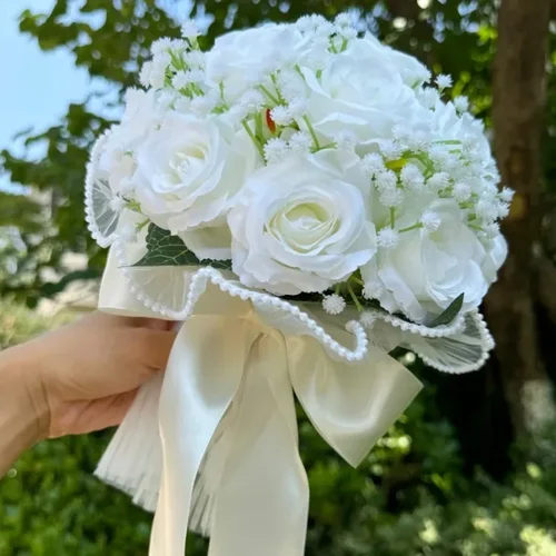 Imagen 2 del producto Ramos de boda para novia Babysbreath, ramos de dama de honor con rosas, cinta de seda, decoración del Día de San Valentín, bola de malla de encaje de perlas, regalo