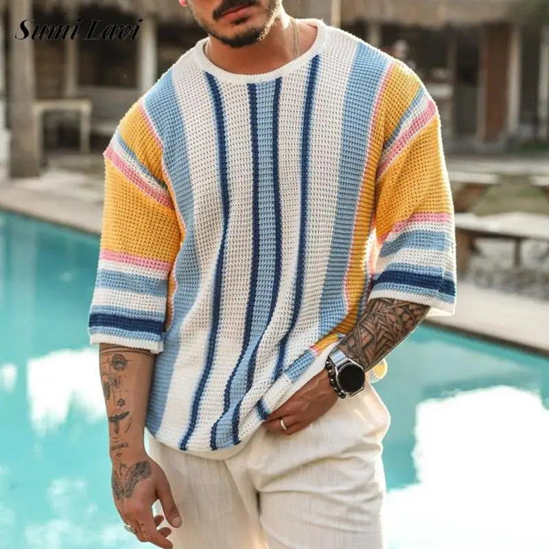 Beach Casual Breathable Hollow Out Knitted Tops Men Summer Jumpers Fashion Striped Crochet Knitting T-shirt Vintage Mens Clothes