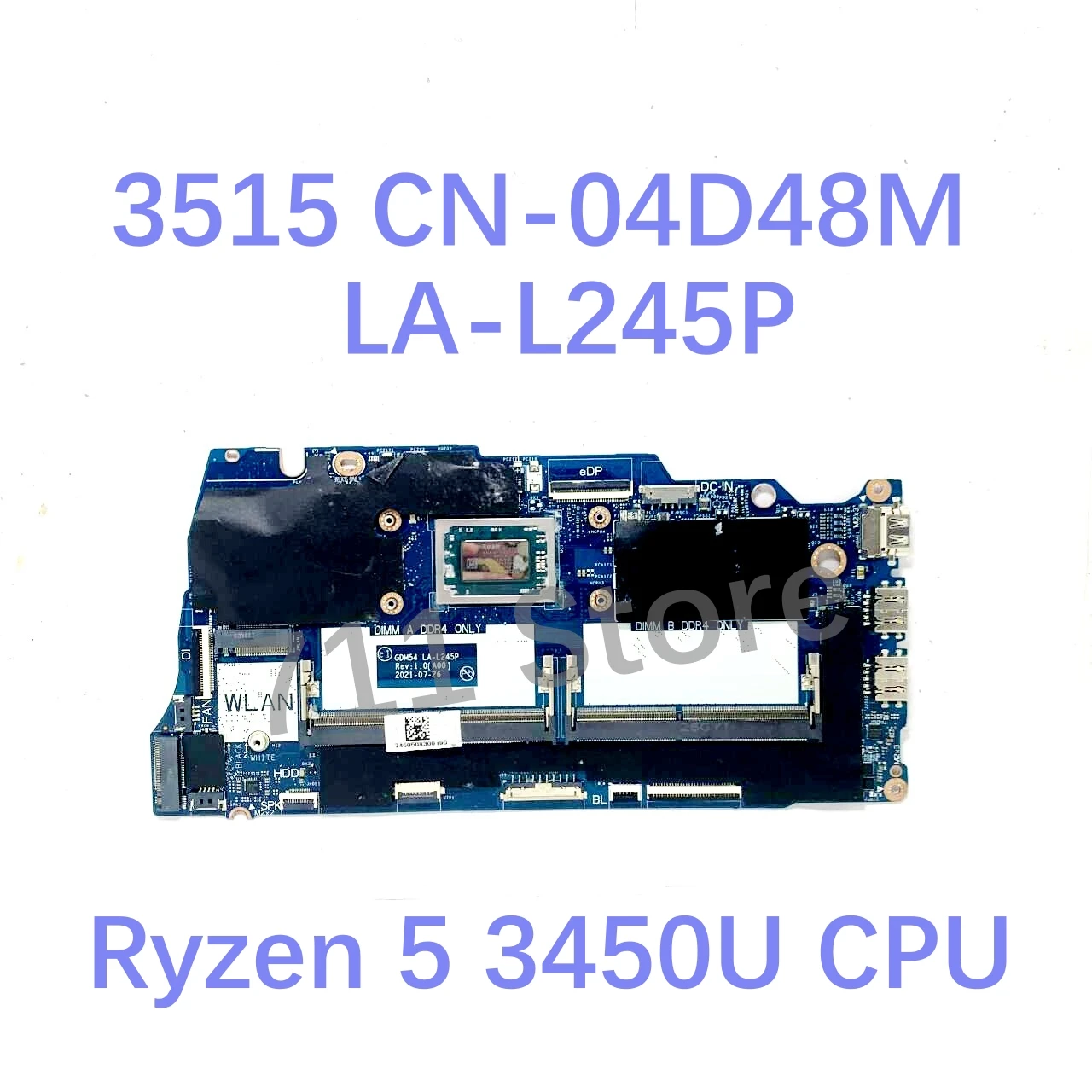 Mainboard CN-04D48M 04D48M CN-0PY51M 0PY51M LA-L245P With R5 3450U/R5 3500U CPU FOR DELL 15 3515 Laptop Motherboard 100% Test OK