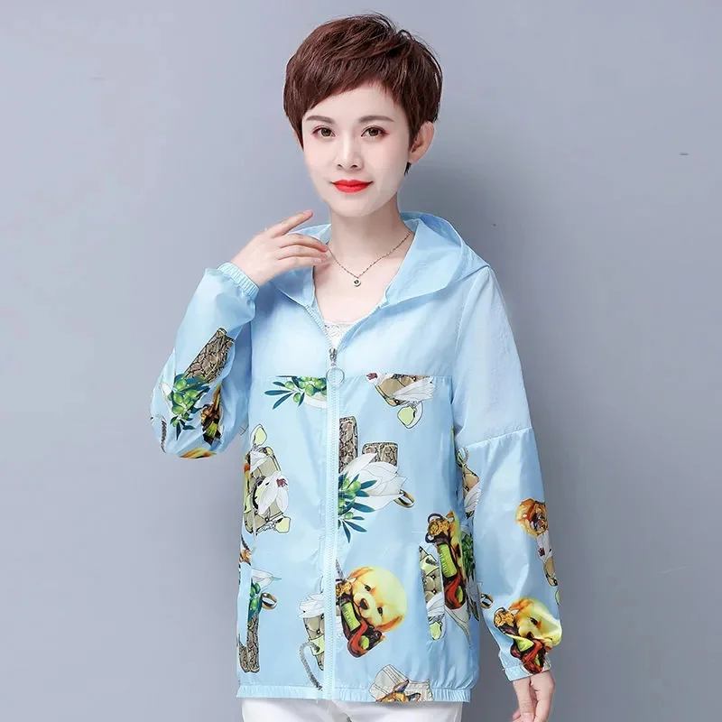 Summer New Printing Hooded Sunscreen Clothing Women Korean Version Loose Stitching Contrast Fashion Casual Short Thin Coat Lady